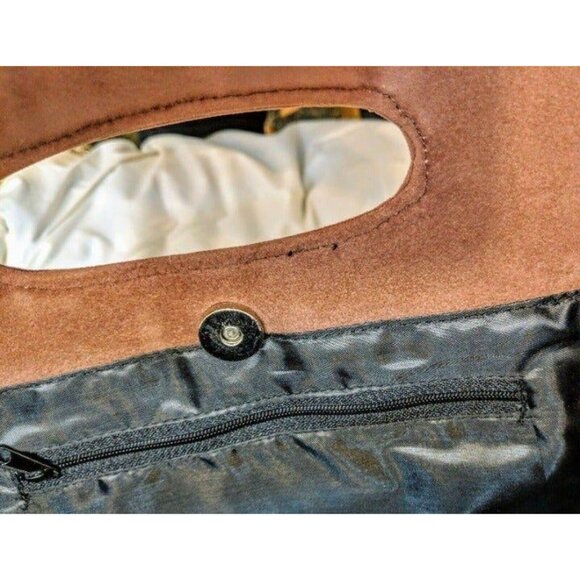 Vintage-Inspired Brown & Gold Brocade Handbag With Suede Accents Snap Closure & - Picture 2 of 6